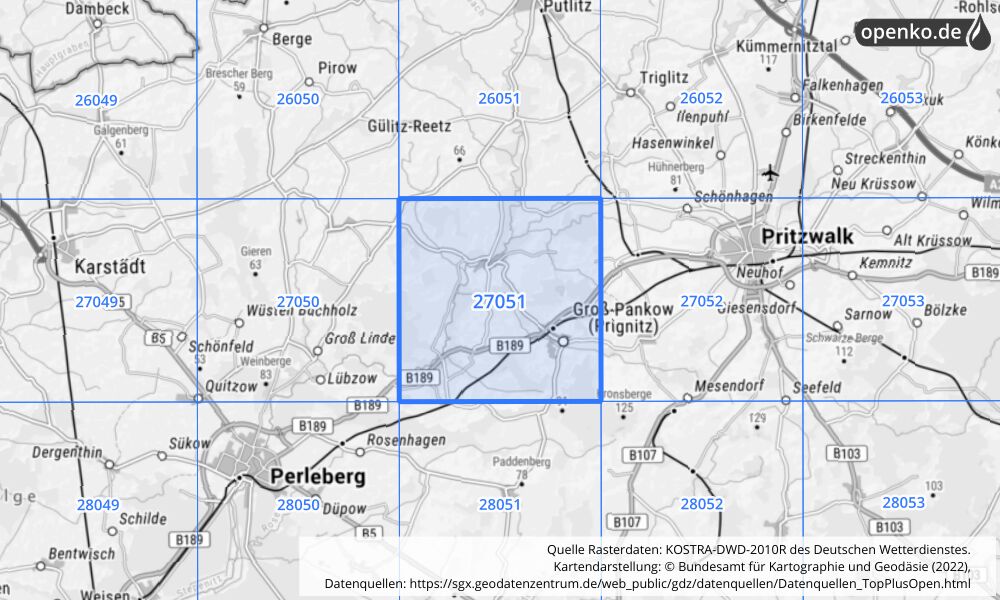 Übersichtskarte KOSTRA-DWD-2010R Rasterfeld Nr. 27051 mit angrenzenden Feldern