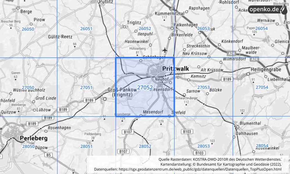 Übersichtskarte KOSTRA-DWD-2010R Rasterfeld Nr. 27052 mit angrenzenden Feldern