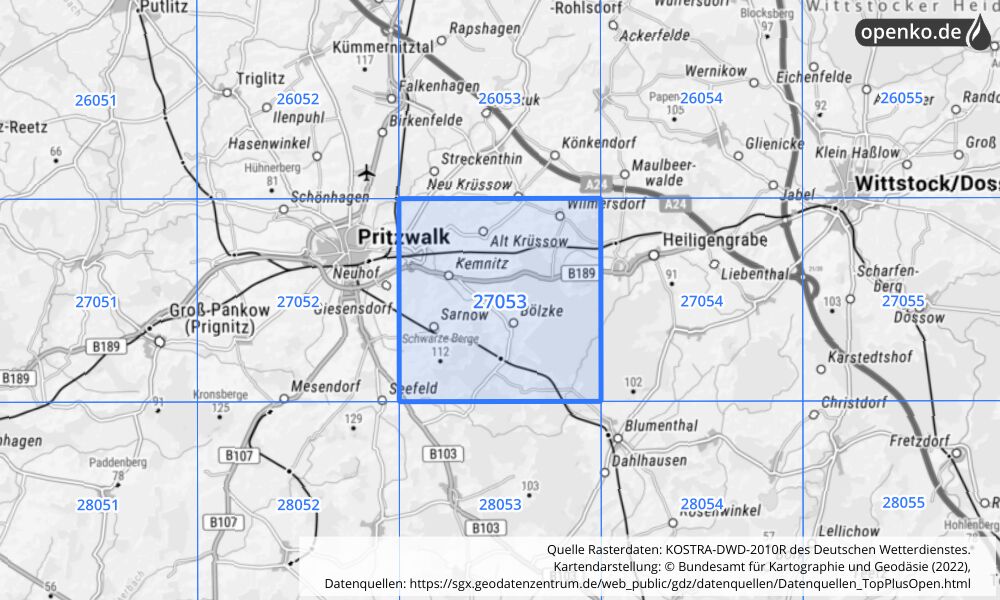 Übersichtskarte KOSTRA-DWD-2010R Rasterfeld Nr. 27053 mit angrenzenden Feldern