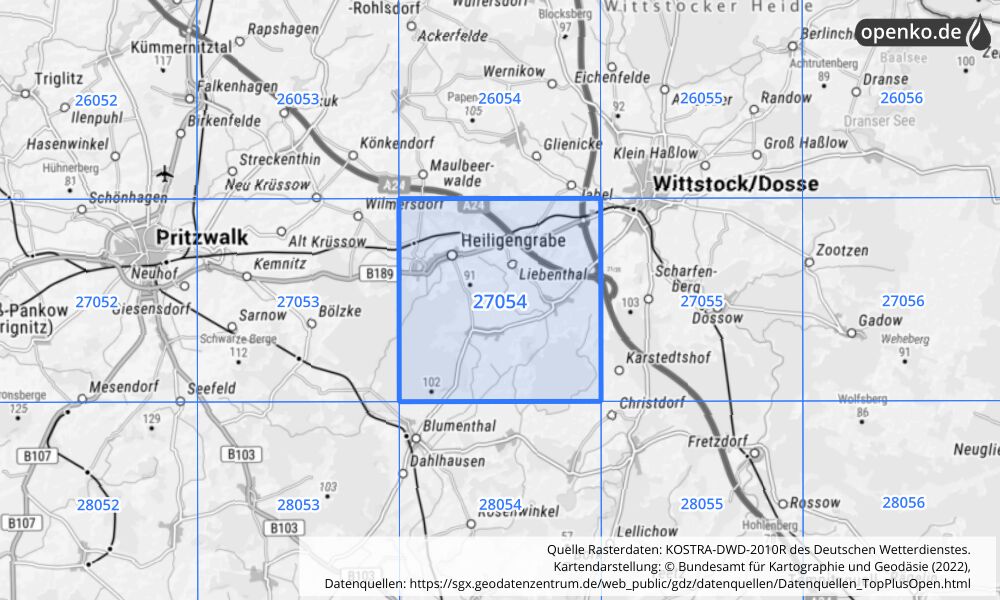 Übersichtskarte KOSTRA-DWD-2010R Rasterfeld Nr. 27054 mit angrenzenden Feldern