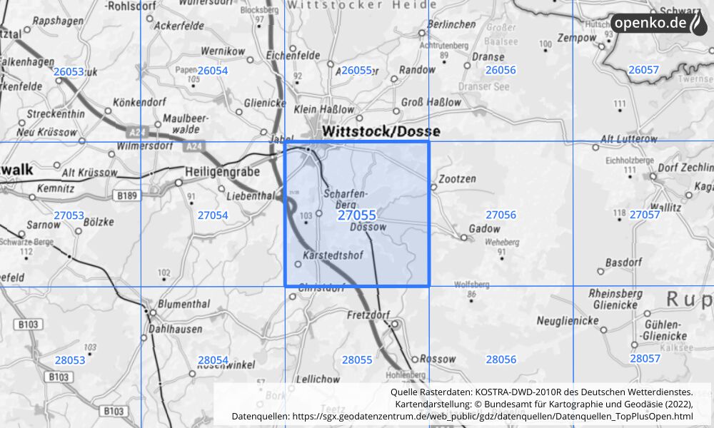 Übersichtskarte KOSTRA-DWD-2010R Rasterfeld Nr. 27055 mit angrenzenden Feldern