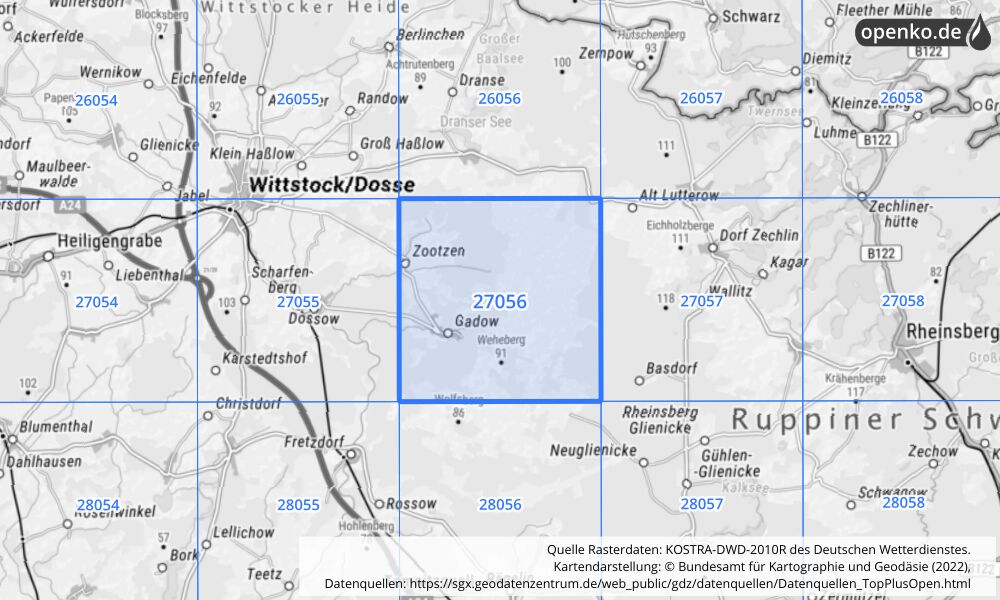 Übersichtskarte KOSTRA-DWD-2010R Rasterfeld Nr. 27056 mit angrenzenden Feldern