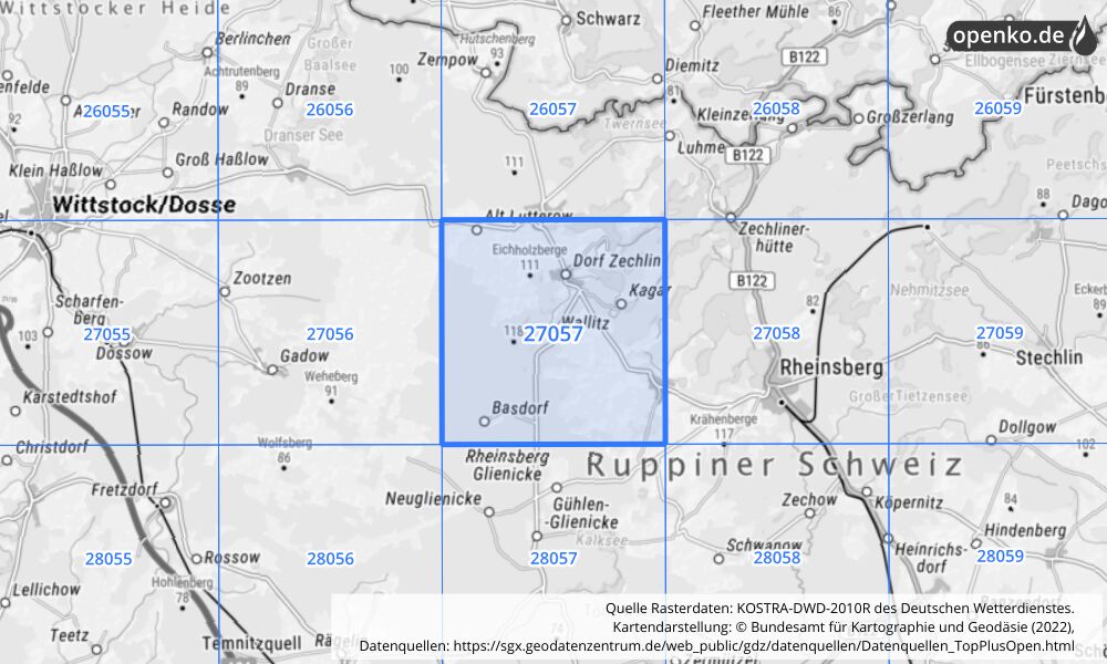 Übersichtskarte KOSTRA-DWD-2010R Rasterfeld Nr. 27057 mit angrenzenden Feldern