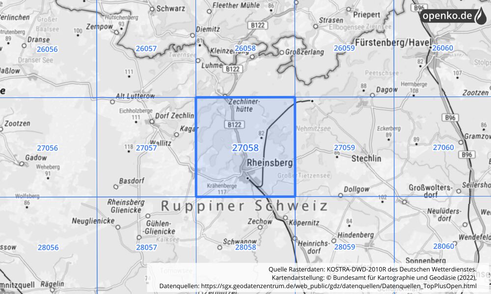 Übersichtskarte KOSTRA-DWD-2010R Rasterfeld Nr. 27058 mit angrenzenden Feldern