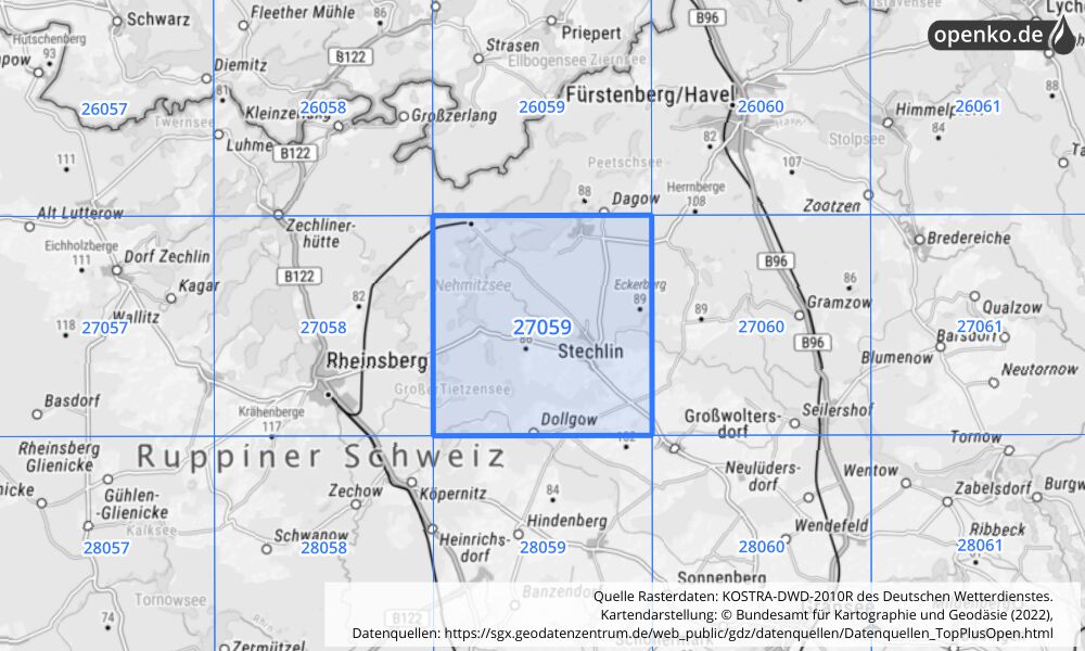 Übersichtskarte KOSTRA-DWD-2010R Rasterfeld Nr. 27059 mit angrenzenden Feldern