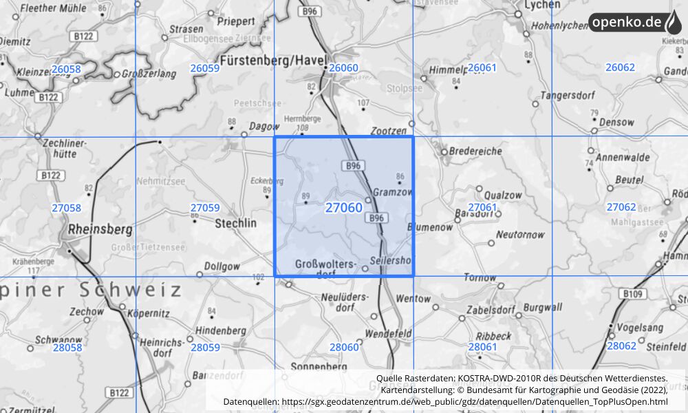 Übersichtskarte KOSTRA-DWD-2010R Rasterfeld Nr. 27060 mit angrenzenden Feldern