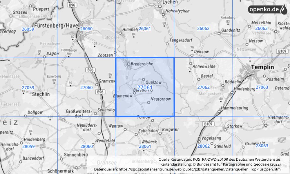 Übersichtskarte KOSTRA-DWD-2010R Rasterfeld Nr. 27061 mit angrenzenden Feldern