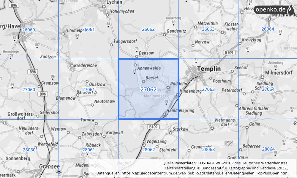 Übersichtskarte KOSTRA-DWD-2010R Rasterfeld Nr. 27062 mit angrenzenden Feldern