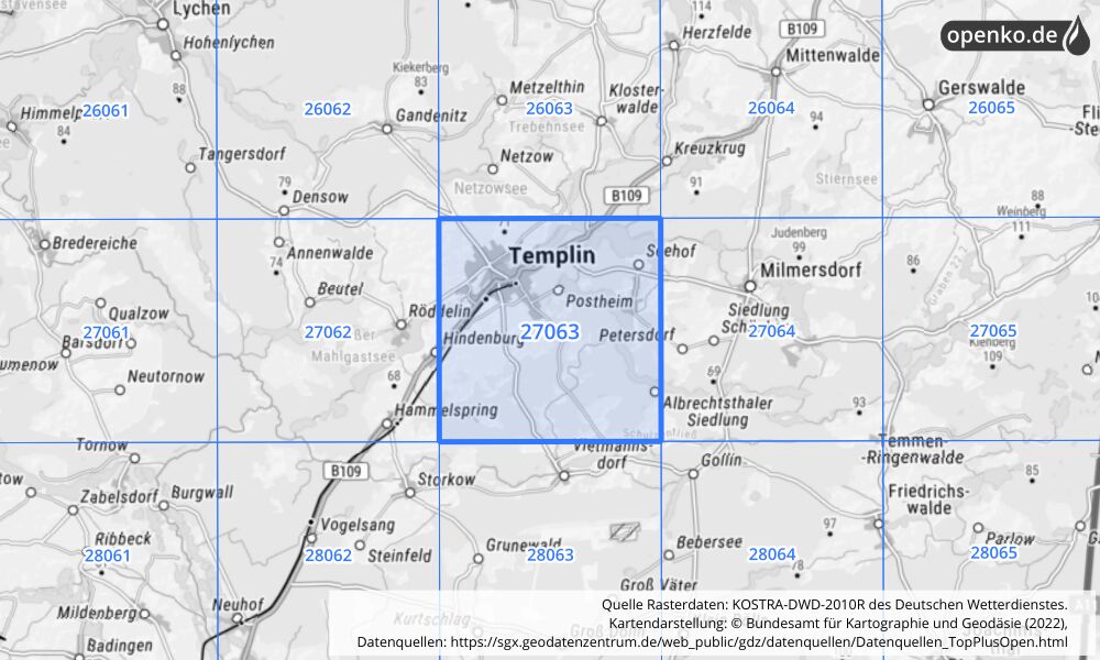 Übersichtskarte KOSTRA-DWD-2010R Rasterfeld Nr. 27063 mit angrenzenden Feldern