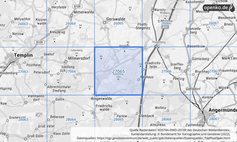 Übersichtskarte KOSTRA-DWD-2010R Rasterfeld Nr. 27065 mit angrenzenden Feldern