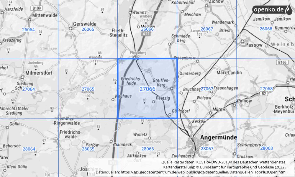 Übersichtskarte KOSTRA-DWD-2010R Rasterfeld Nr. 27066 mit angrenzenden Feldern