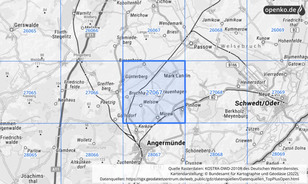 Übersichtskarte KOSTRA-DWD-2010R Rasterfeld Nr. 27067 mit angrenzenden Feldern