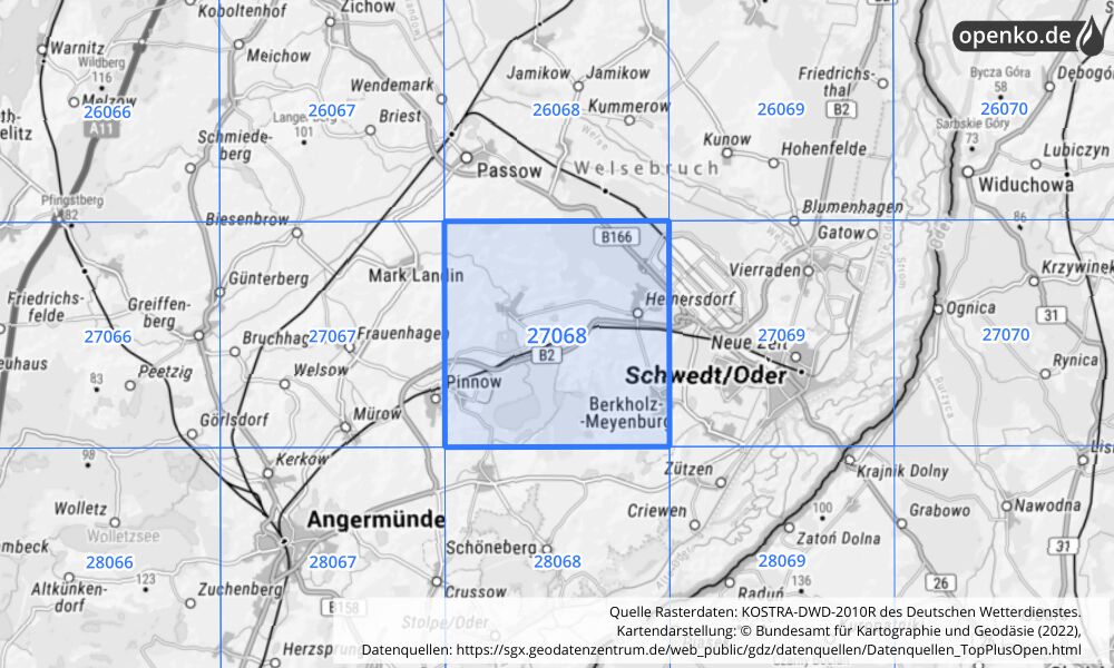 Übersichtskarte KOSTRA-DWD-2010R Rasterfeld Nr. 27068 mit angrenzenden Feldern