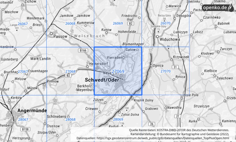 Übersichtskarte KOSTRA-DWD-2010R Rasterfeld Nr. 27069 mit angrenzenden Feldern