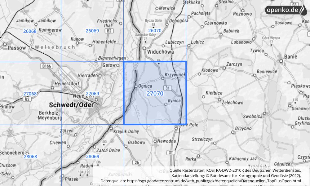 Übersichtskarte KOSTRA-DWD-2010R Rasterfeld Nr. 27070 mit angrenzenden Feldern