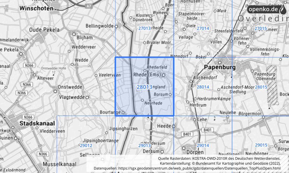 Übersichtskarte KOSTRA-DWD-2010R Rasterfeld Nr. 28013 mit angrenzenden Feldern