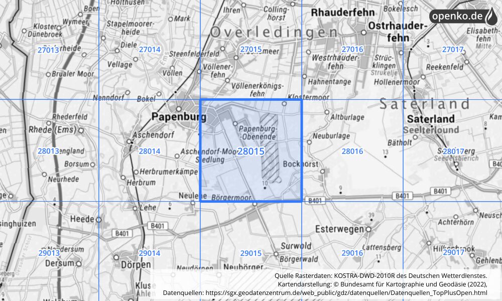 Übersichtskarte KOSTRA-DWD-2010R Rasterfeld Nr. 28015 mit angrenzenden Feldern