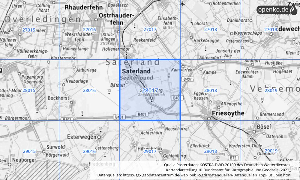 Übersichtskarte KOSTRA-DWD-2010R Rasterfeld Nr. 28017 mit angrenzenden Feldern