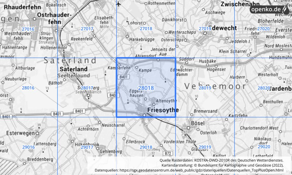 Übersichtskarte KOSTRA-DWD-2010R Rasterfeld Nr. 28018 mit angrenzenden Feldern