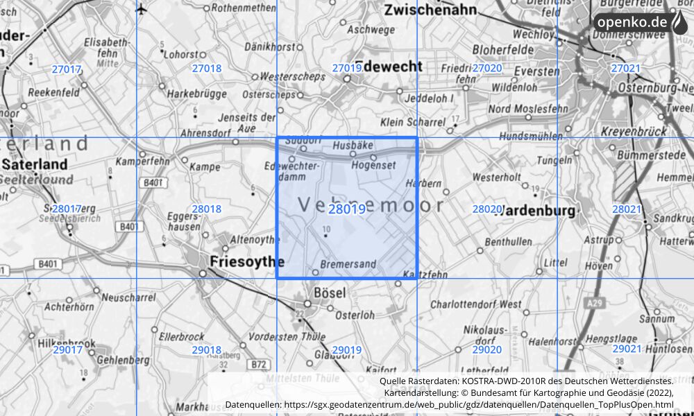 Übersichtskarte KOSTRA-DWD-2010R Rasterfeld Nr. 28019 mit angrenzenden Feldern