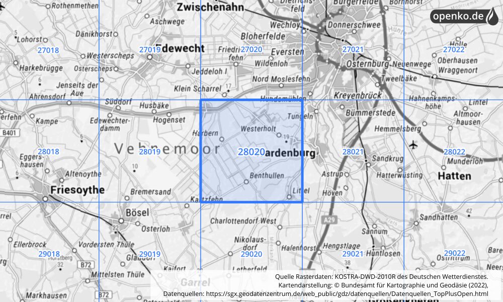 Übersichtskarte KOSTRA-DWD-2010R Rasterfeld Nr. 28020 mit angrenzenden Feldern