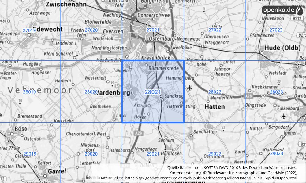 Übersichtskarte KOSTRA-DWD-2010R Rasterfeld Nr. 28021 mit angrenzenden Feldern