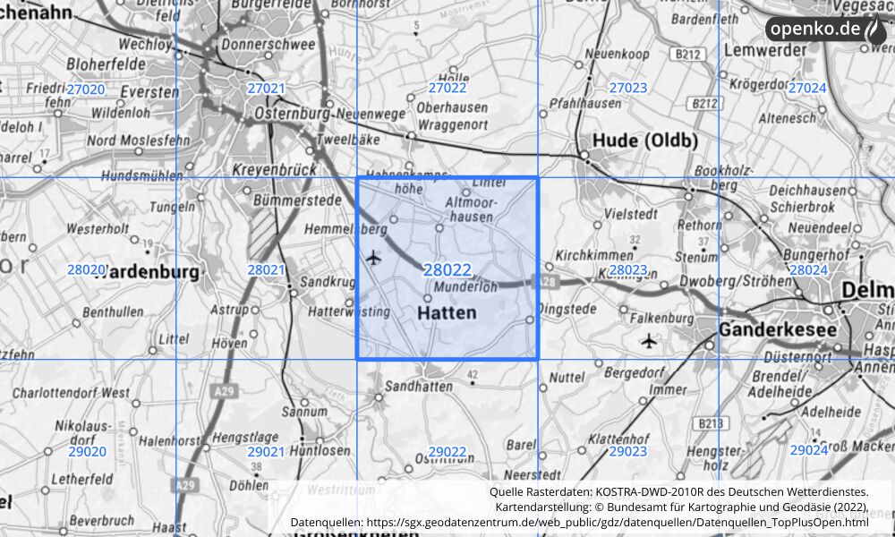Übersichtskarte KOSTRA-DWD-2010R Rasterfeld Nr. 28022 mit angrenzenden Feldern