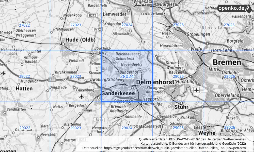 Übersichtskarte KOSTRA-DWD-2010R Rasterfeld Nr. 28024 mit angrenzenden Feldern