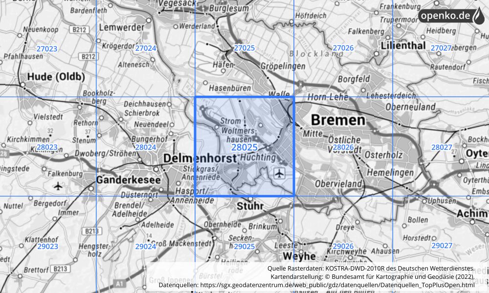 Übersichtskarte KOSTRA-DWD-2010R Rasterfeld Nr. 28025 mit angrenzenden Feldern