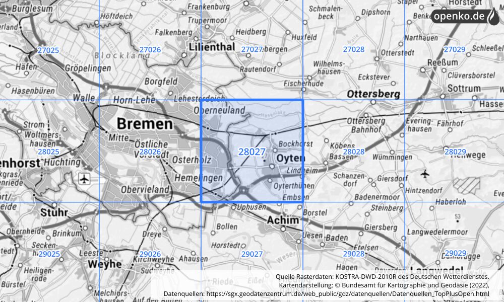 Übersichtskarte KOSTRA-DWD-2010R Rasterfeld Nr. 28027 mit angrenzenden Feldern