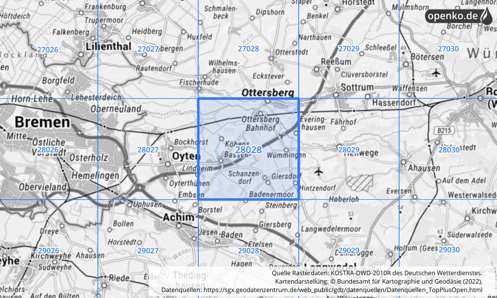 Übersichtskarte KOSTRA-DWD-2010R Rasterfeld Nr. 28028 mit angrenzenden Feldern