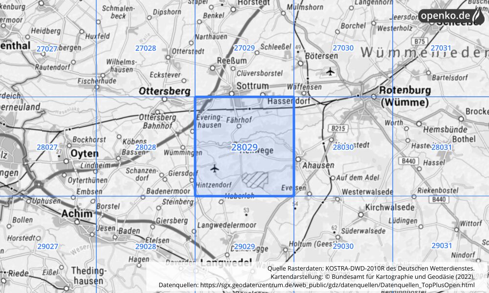 Übersichtskarte KOSTRA-DWD-2010R Rasterfeld Nr. 28029 mit angrenzenden Feldern