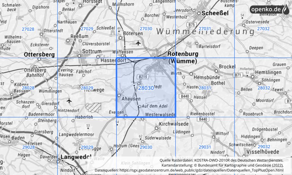 Übersichtskarte KOSTRA-DWD-2010R Rasterfeld Nr. 28030 mit angrenzenden Feldern