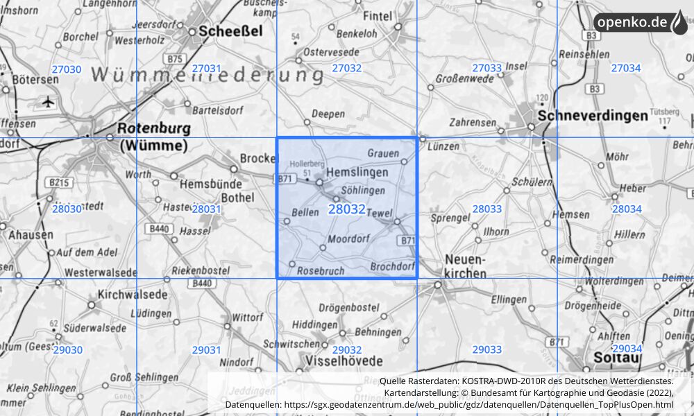 Übersichtskarte KOSTRA-DWD-2010R Rasterfeld Nr. 28032 mit angrenzenden Feldern