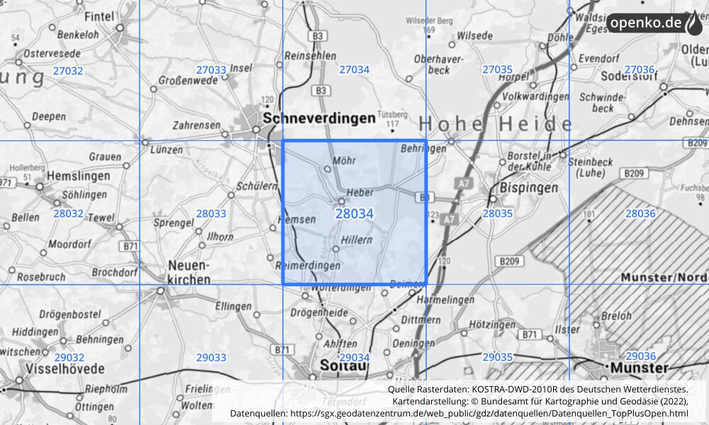 Übersichtskarte KOSTRA-DWD-2010R Rasterfeld Nr. 28034 mit angrenzenden Feldern