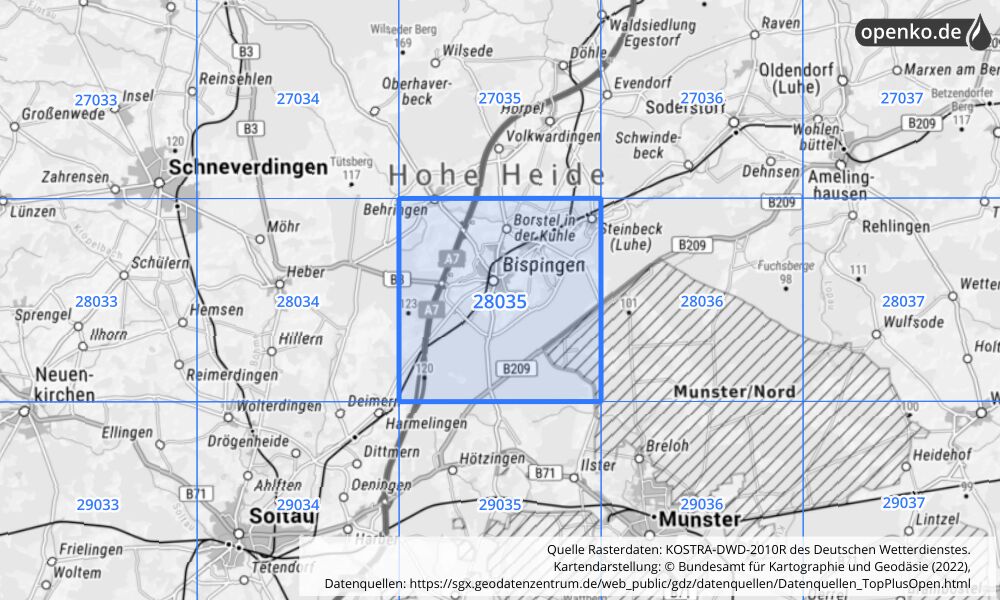 Übersichtskarte KOSTRA-DWD-2010R Rasterfeld Nr. 28035 mit angrenzenden Feldern