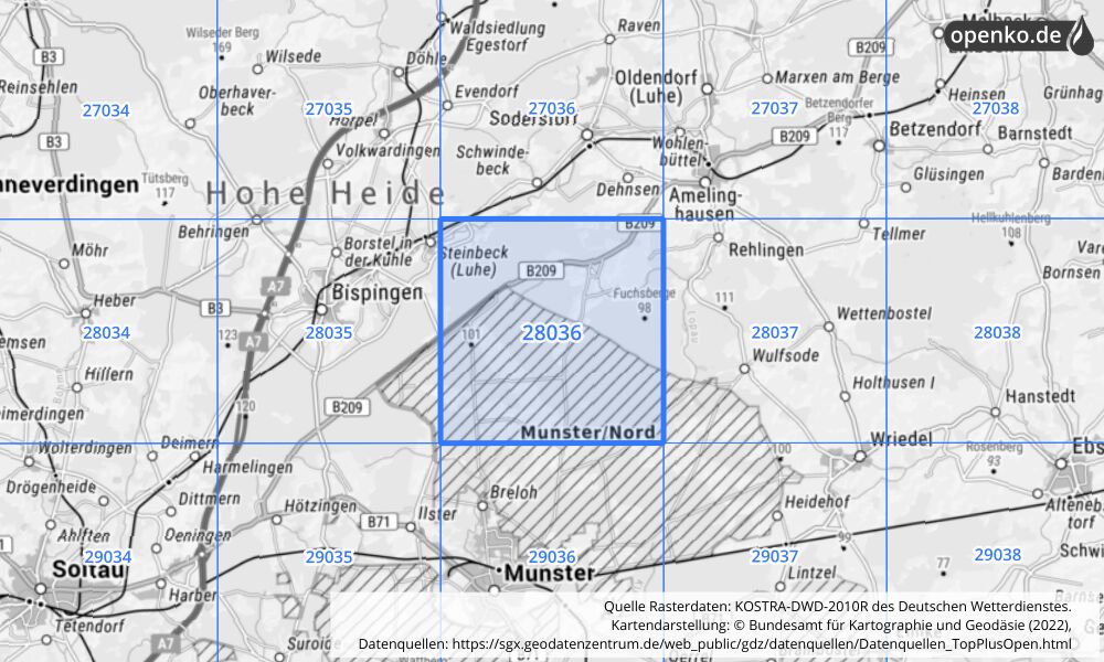 Übersichtskarte KOSTRA-DWD-2010R Rasterfeld Nr. 28036 mit angrenzenden Feldern