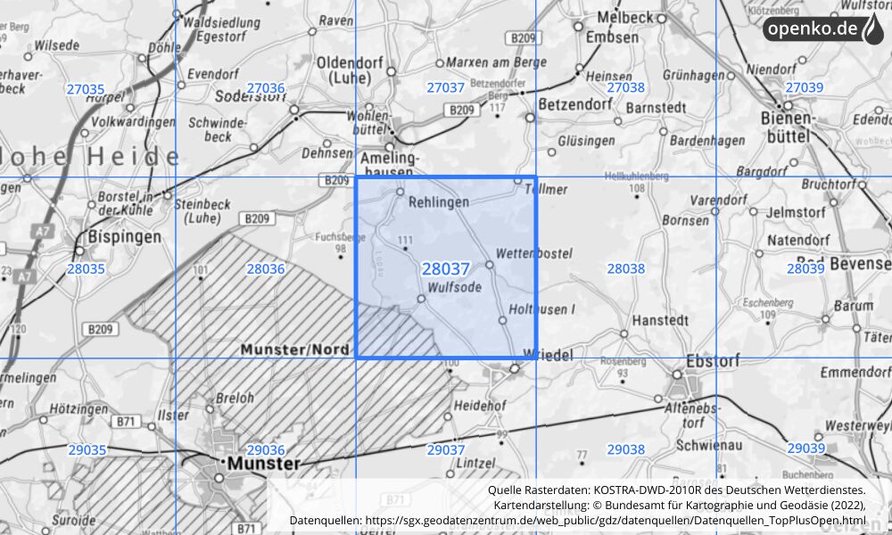 Übersichtskarte KOSTRA-DWD-2010R Rasterfeld Nr. 28037 mit angrenzenden Feldern