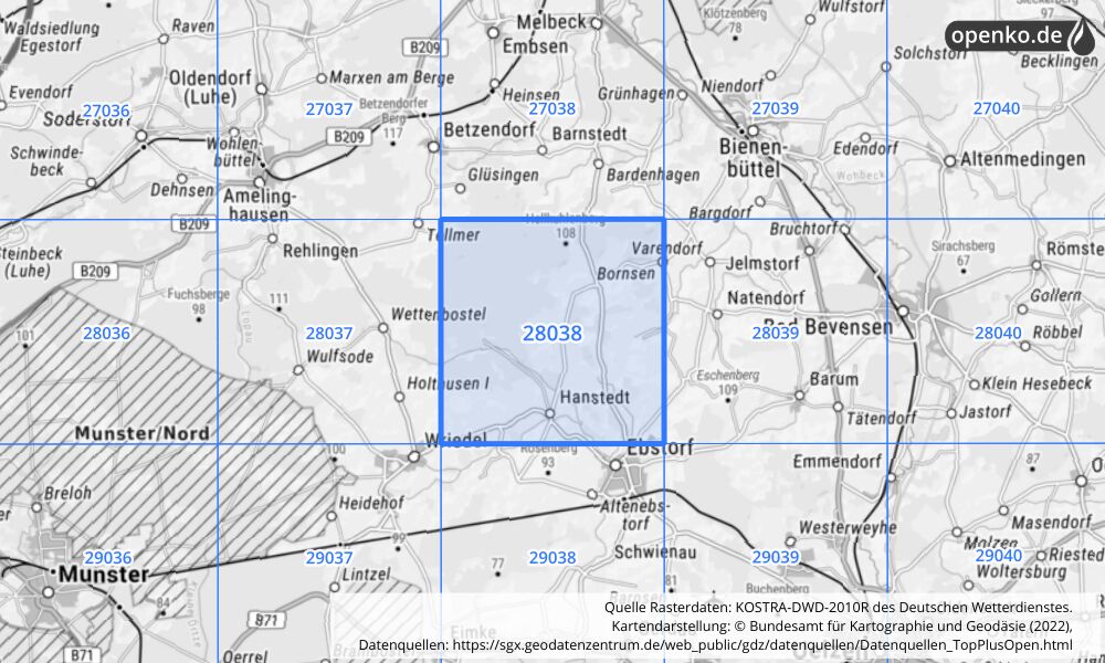 Übersichtskarte KOSTRA-DWD-2010R Rasterfeld Nr. 28038 mit angrenzenden Feldern