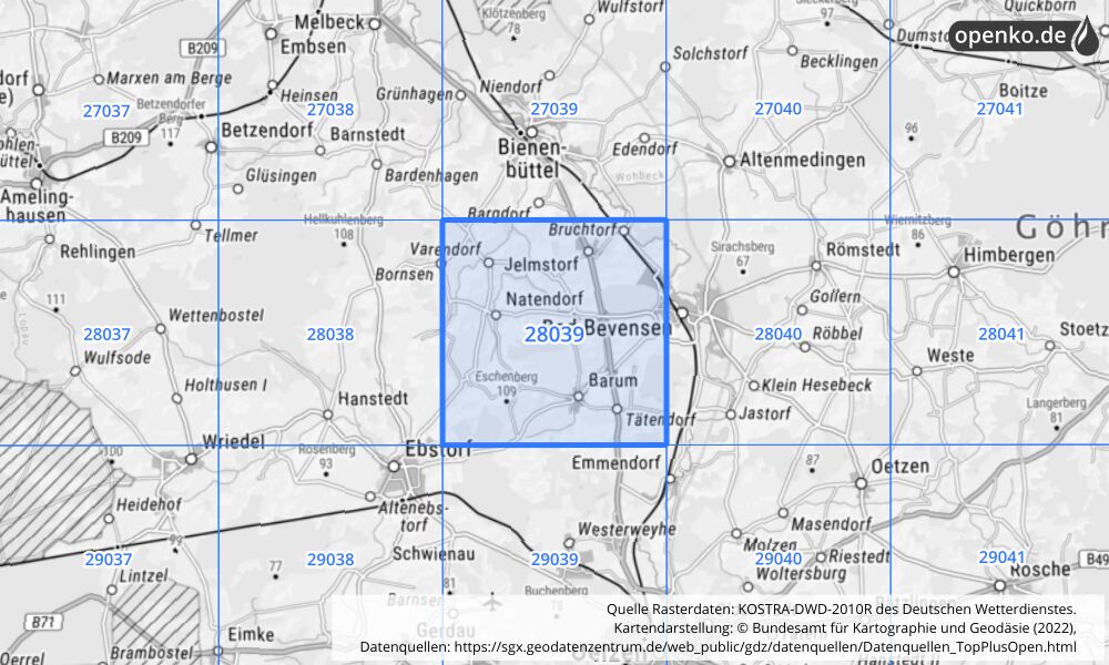 Übersichtskarte KOSTRA-DWD-2010R Rasterfeld Nr. 28039 mit angrenzenden Feldern