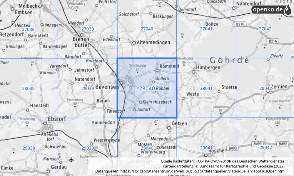 Übersichtskarte KOSTRA-DWD-2010R Rasterfeld Nr. 28040 mit angrenzenden Feldern