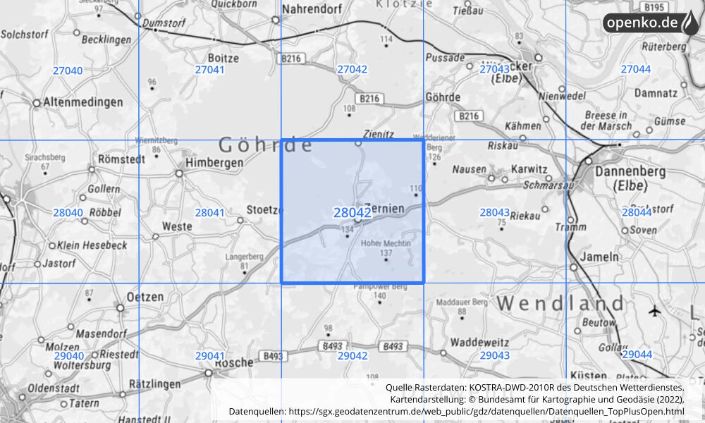 Übersichtskarte KOSTRA-DWD-2010R Rasterfeld Nr. 28042 mit angrenzenden Feldern