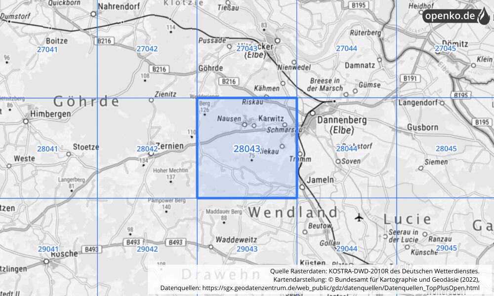 KOSTRA-DWD-2010R Rasterfeld Nr. 28043