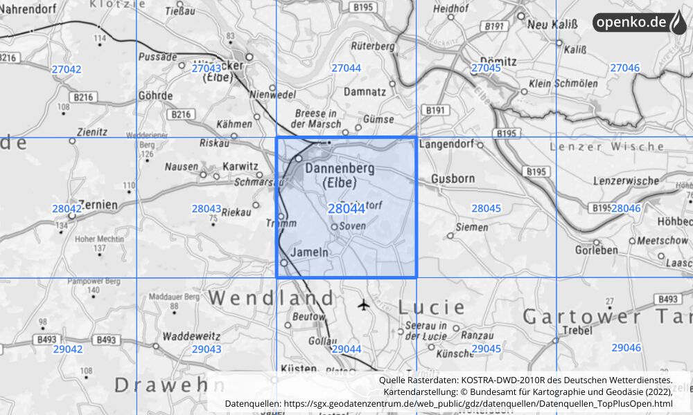 Übersichtskarte KOSTRA-DWD-2010R Rasterfeld Nr. 28044 mit angrenzenden Feldern