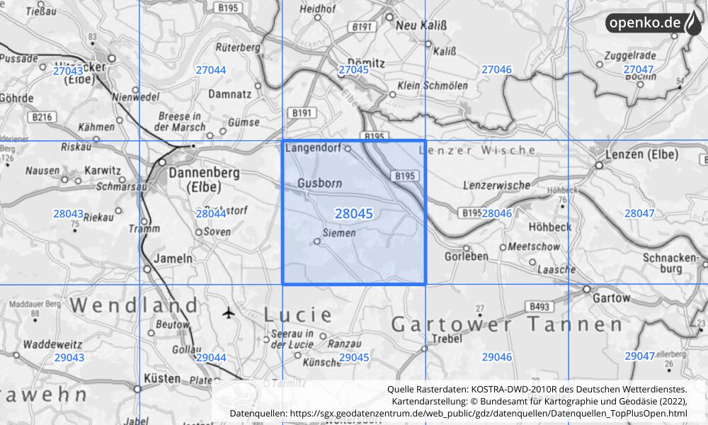 Übersichtskarte KOSTRA-DWD-2010R Rasterfeld Nr. 28045 mit angrenzenden Feldern