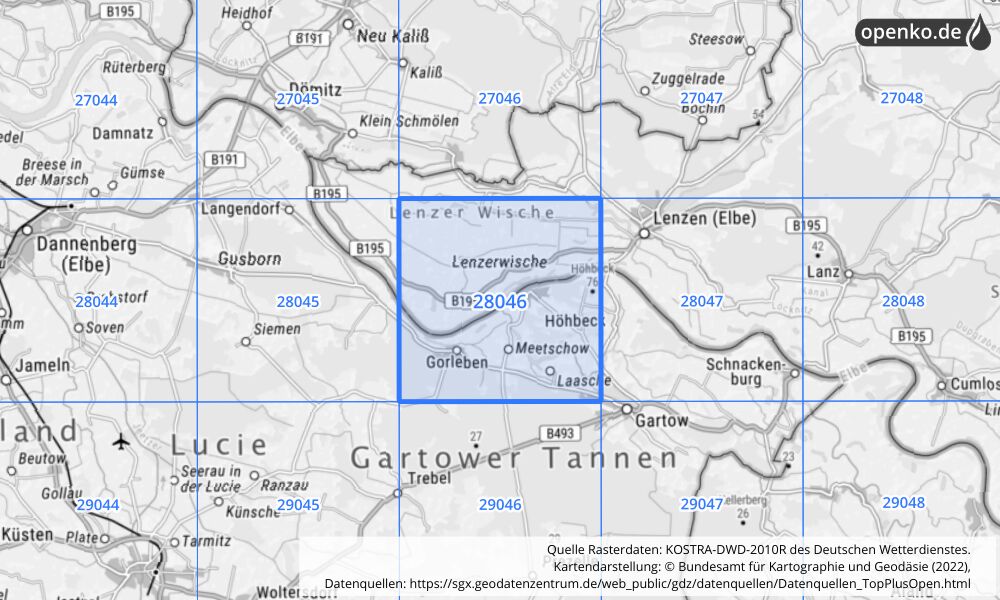 Übersichtskarte KOSTRA-DWD-2010R Rasterfeld Nr. 28046 mit angrenzenden Feldern