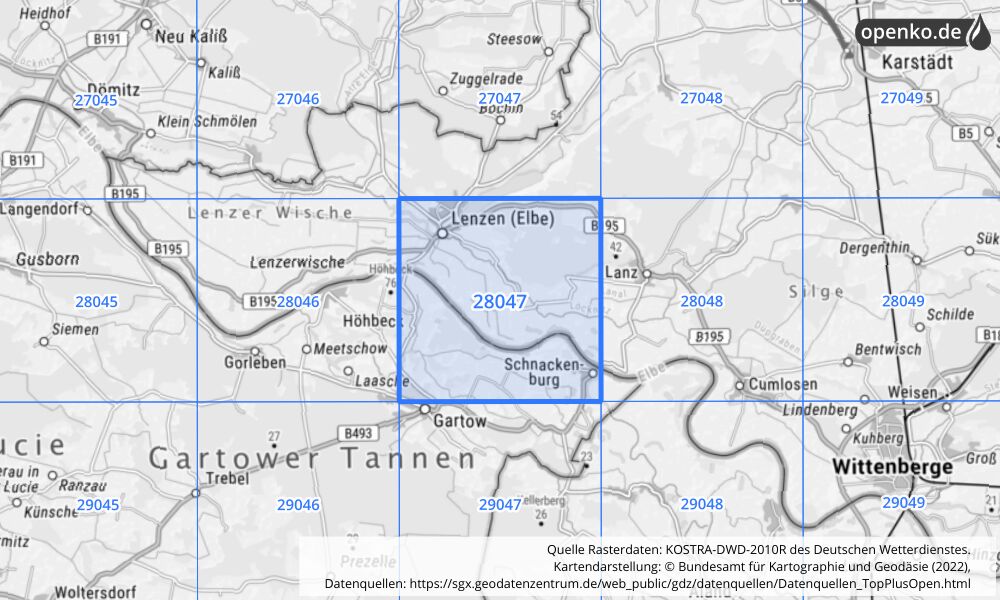 Übersichtskarte KOSTRA-DWD-2010R Rasterfeld Nr. 28047 mit angrenzenden Feldern