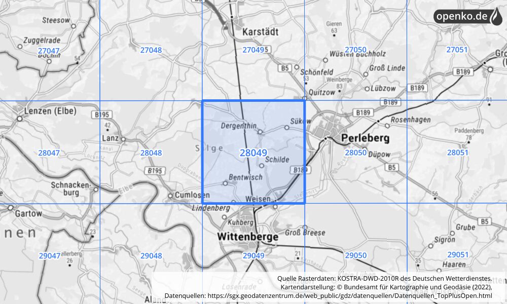 Übersichtskarte KOSTRA-DWD-2010R Rasterfeld Nr. 28049 mit angrenzenden Feldern