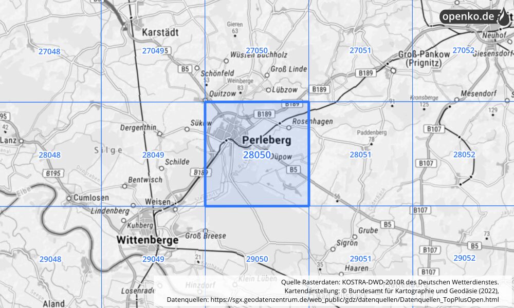 Übersichtskarte KOSTRA-DWD-2010R Rasterfeld Nr. 28050 mit angrenzenden Feldern