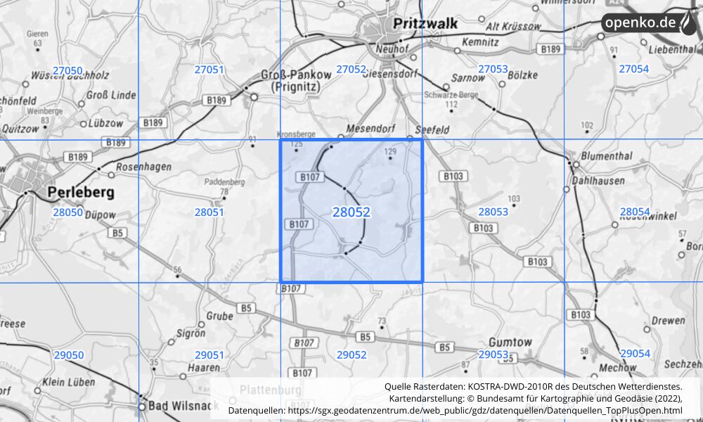Übersichtskarte KOSTRA-DWD-2010R Rasterfeld Nr. 28052 mit angrenzenden Feldern